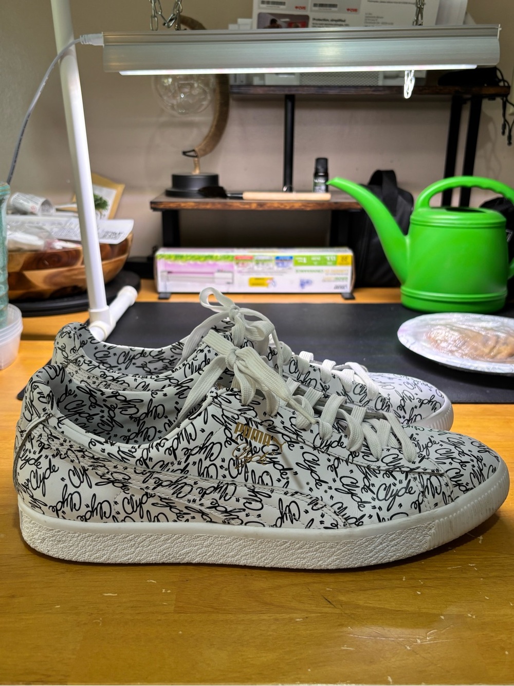 Puma Clyde White Sneakers with Black Script Logo men’s.